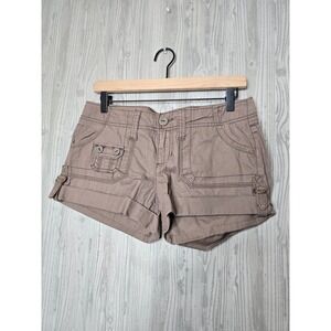 Aeropostale Womens Y2K Micro Cargo Shorts Tan Size 3/4 Utility Pocket Roll Cuff